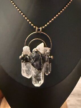 Handmade Clear Quartz and Amethyst Pendant Necklace - Copper